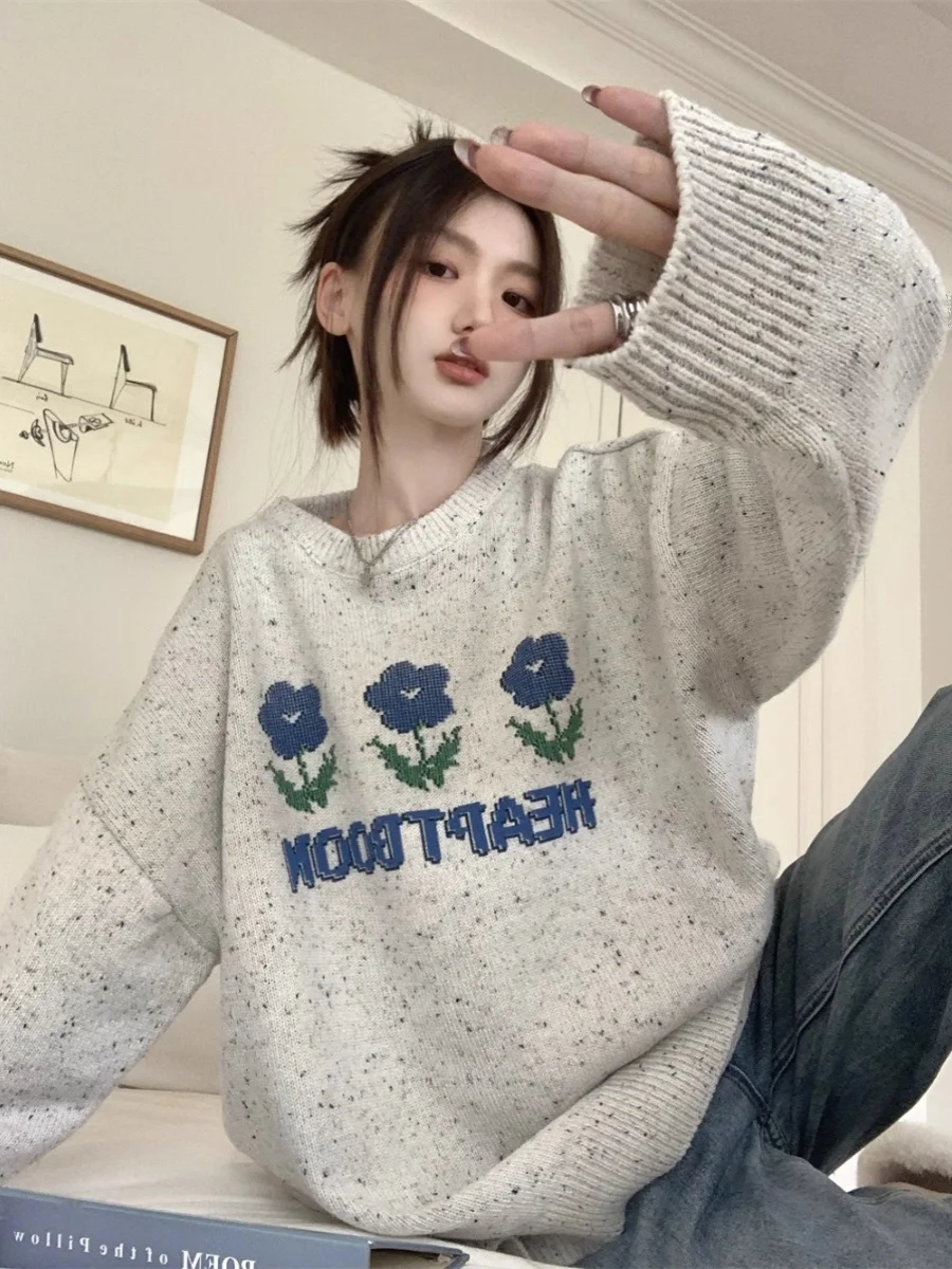 Женский мягкий клейкий свитер с цветочным узором Свободный пуловер в Корейском