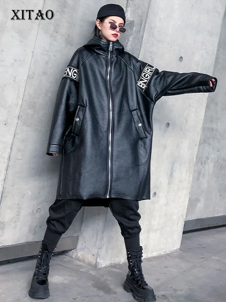 XITAO Letter  Faux Leather Women Fashion New 2019 Autumn Pocket Elegant Goddess Fan Hooded Collar Loose Coat ZLL4442