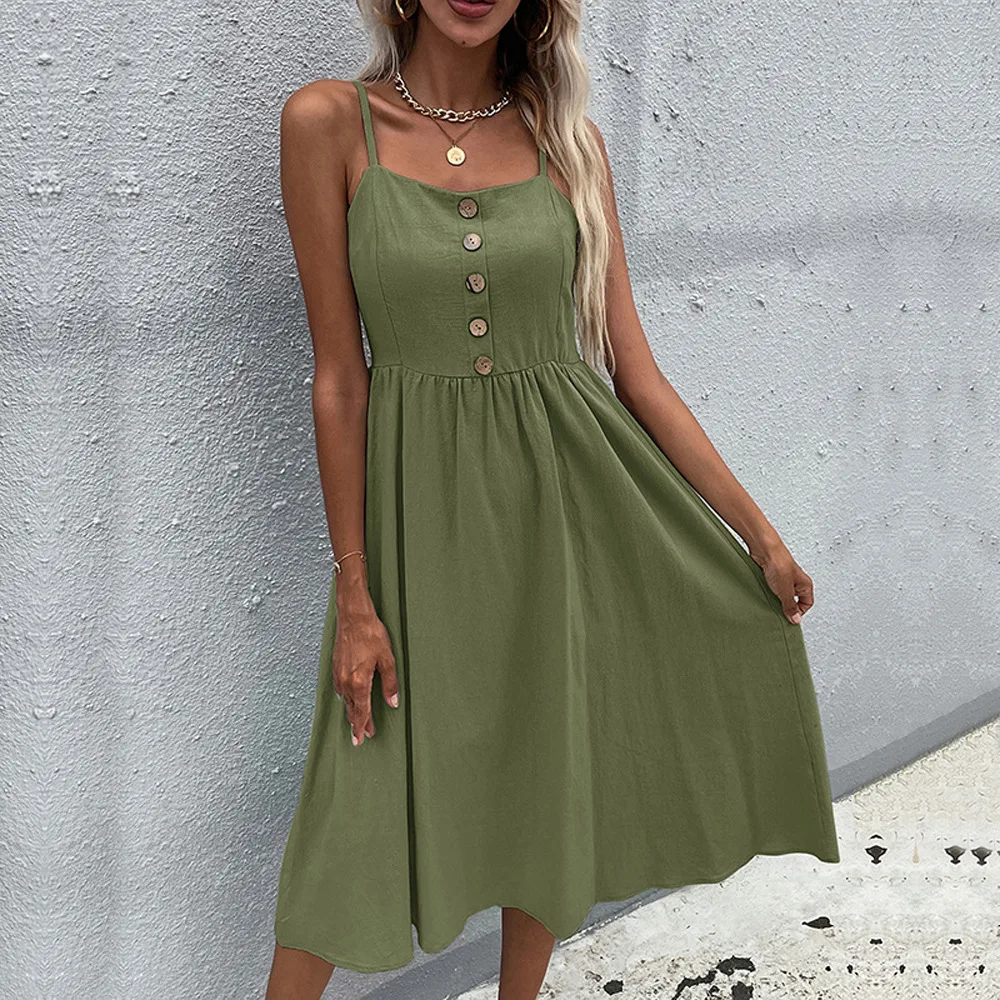 

Women Sexy Slip Long Dress 2022 Spring Summer Slim Fit Solid Color Button Waist Cotton Linen Dress Boho Maxi Dress