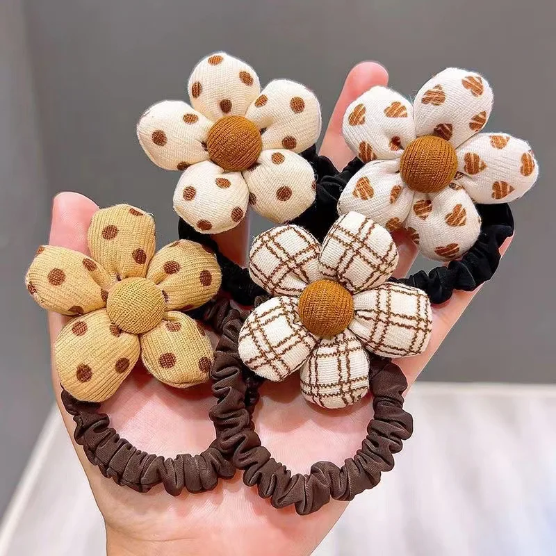 

1 Pc Korean Kids Coffee Color Elastic Hair Bands Big Floral Fabric Hair Tie Hair Rope for Girls Headwear Child Hair Accessories