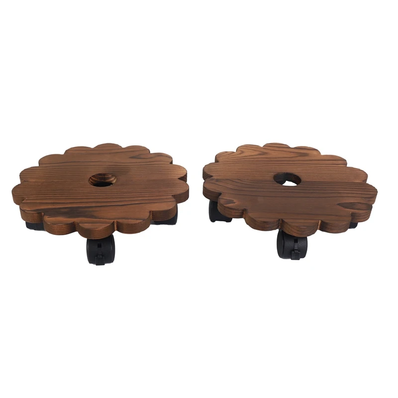 

2 Pack 10 Inch Lockable Plant Caddy Wood Patio Potted Plant Stand Round Plant Roller With 360° Rotating Wheels