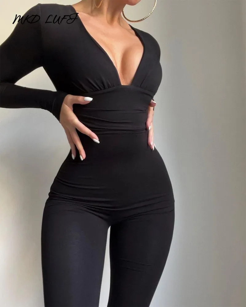 

MKDLUFI Long Sleeve Sexy Deep V-Neck Skinny Jumpsuit