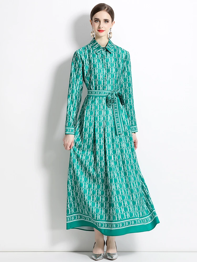 

Женское длинное платье-трапеция с отложным воротником, модельное Платье макси с винтажным принтом и поясом в стиле ретро, осеннее платье с н...