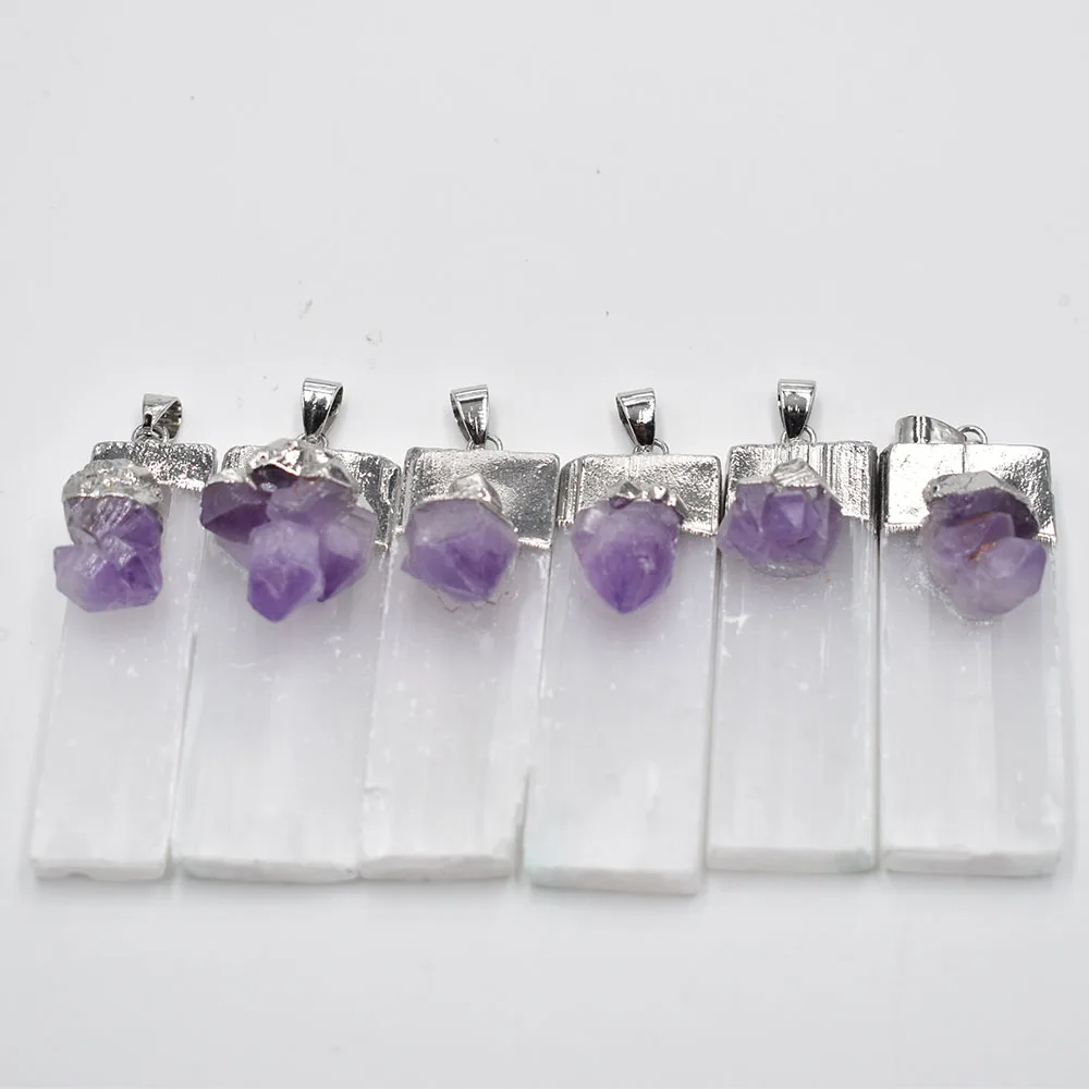 

wholesale 6pcs/lot natural Selenite Plaster amethysts Pendants Rock Mineral Specimen Jewelry Reiki Healing Energy free shipping