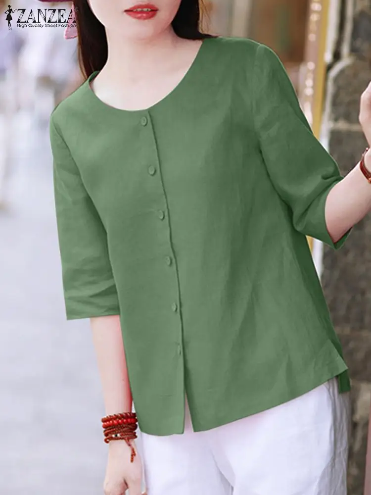 

ZANZEA 2023 Women Elegant Half Sleeve Solid Shirt Vintage Summer Casual O Neck Loose Cotton Blouse Work Blusas Mujer Tunic Tops
