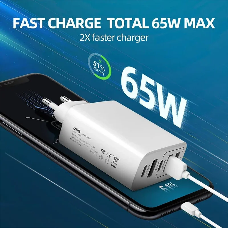 UYUXIO 5 in 1 Multi Port USB C Phone Charger 65W Fast Charging Wall Adapter for iPhone 16 15 Pro Max Plus iPad Samsung All