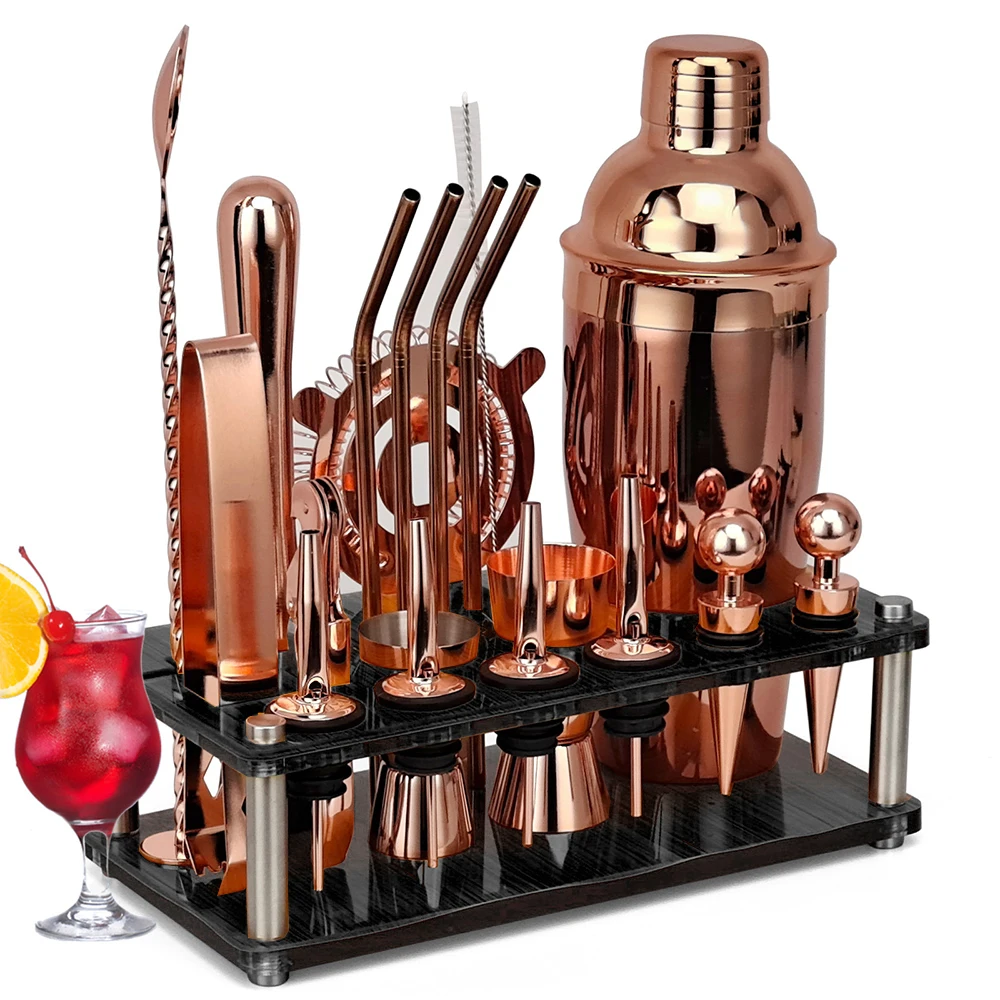 

20Pcs/Set Rose Gold Bartender Kit Cocktail Shaker Set With Rotating Acrylic Stand For Mixed Drinks Martini Home Bar Kitchen Tool