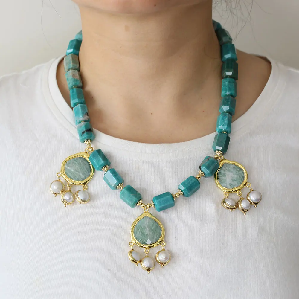 

GG Jewelry Natural Green Peruvian Amazonite Freshwater Cultured White Pearl Necklace Amazonite Pearl Pendant For Women Gifts