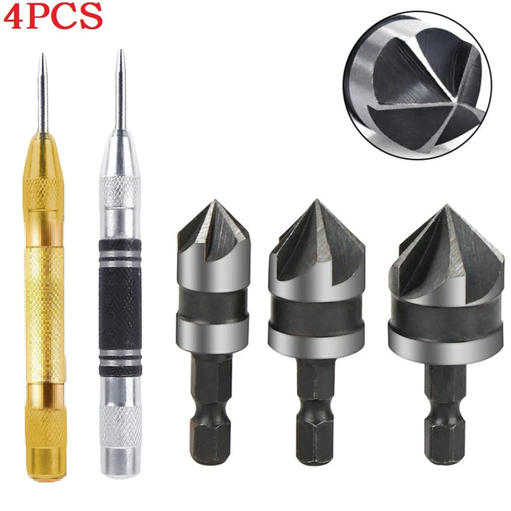 

4pcs 90 Degree Countersink Drill Bit With Center Punch Set 12/16/19mm 5 Flute Wood Chamfered Cutter Chamfer Woodworking Tools
