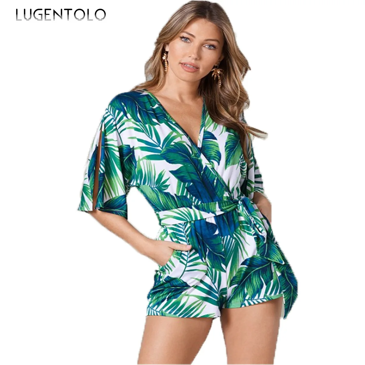 

Beach Playsuits Wmen Summer Sexy Deep V-neck Short Sleeve Rompers Female Casual Straight Thin Street Playsuit