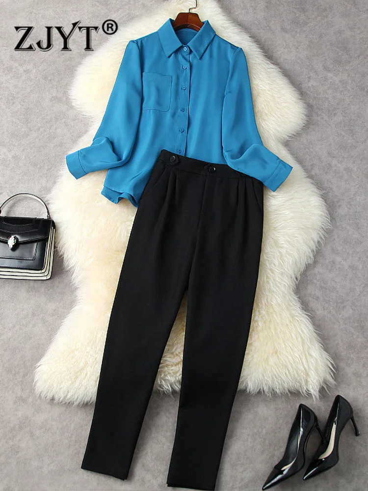 

Модные дизайнерские весенние костюмы ZJYT для офисных леди с брюками, элегантный синий комплект из рубашки и брюк, Женская одежда из 2 предмет...