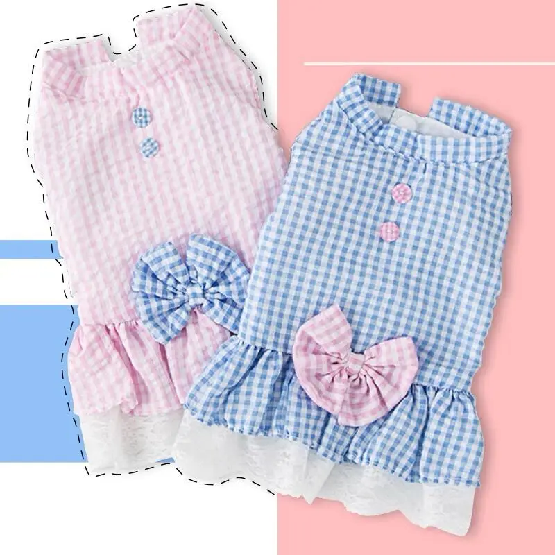 

Puppy Cute Vest Dress Plaid Lace Design Sweet Sleeveless Patchwork Dogs Cat Pets Clothes for Summer Spring