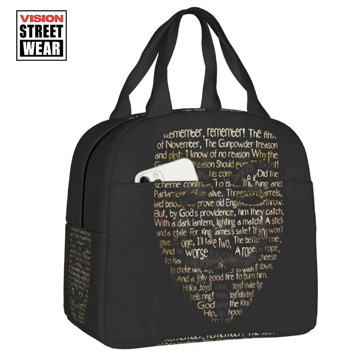 

2023 New Custom V For Vendetta Word Art Lunch Bag Men Women Thermal Cooler Insulated Lunch Box For Student School