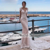 yipeisha elegant v neck mermaid wedding dresses with applique full sleeve bridal gowns skin nude beading women dress 2022 summer