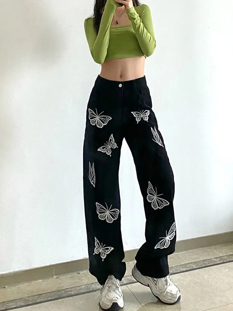 

Design sense butterfly personality print jeans women's vintage 90s slim loose all-match straight pants y2k clothes Women's jeans