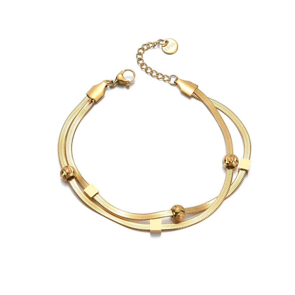 

Stainless Steel Layered Bracelet for Women Girls Gold Color Plated Beaded Square Charm Fashion Jewelry Hand Chain