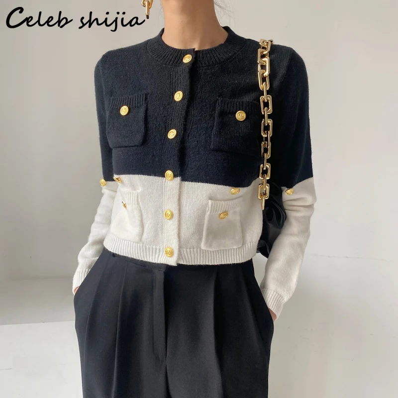 

Chic Woolen Cardigan Women Cropped Sweater 2023 Spring Golden Button Patchwork Knit Tops Coat Business Elegant Knitwear