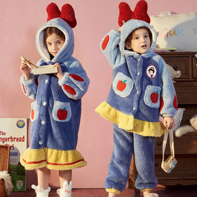 Sleepwear Thicken Children Nightgown Hooded Design Comfortable Soft Keep Warm Suit Side Pocket Store Item