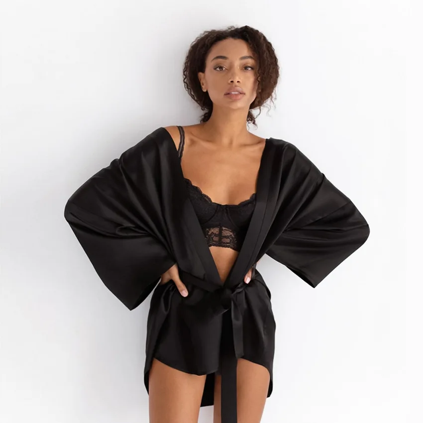 

Black Shorts Sleeping Robes Women Pajamas Faux Silk Sleeping Gown Long Sleeve Nightwear V Neck Nightgown Sexy Bathing Lingerie