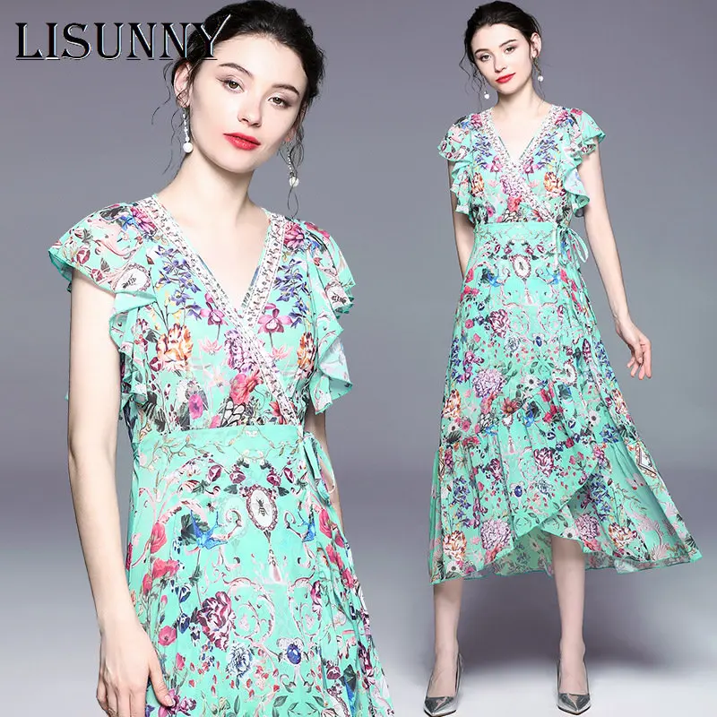 

Женское платье с коротким рукавом, кружевное платье с V-образным вырезом, повседневное пляжное платье-трапеция с цветами, Цельный Наряд на шнуровке, лето 2023