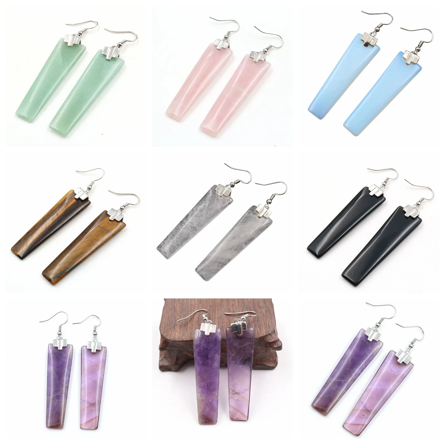 

Healing Chakra Stone Drop Earrings Vintage Natural Geometric Rectangle Gemstone Pendant Dangle Ear Jewelry for Women Girls