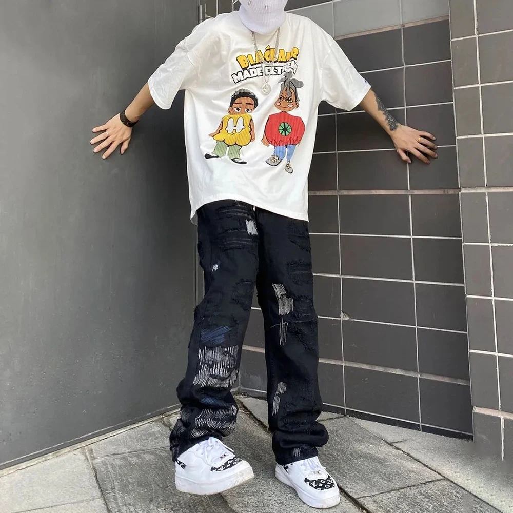 Y2K American Style Old Sanding Ripped Denim Trousers Mens Street Wear Matching Color Design Loose Straight Jeans Trendy Trousers