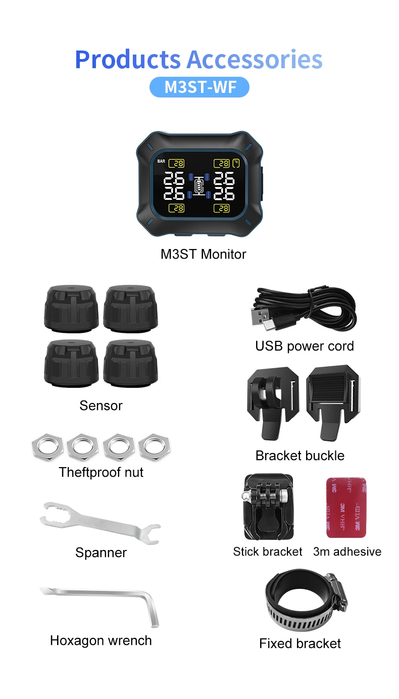 Система контроля давления в шинах, универсальная 4-колесная система контроля давления в шинах для мотоциклов и квадроциклов, с 4 внешними TPMS датчиками и ЖК-дисплеем, зарядка через USB
