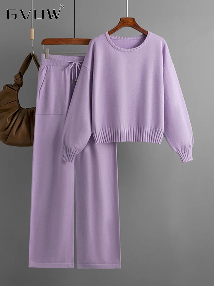 

GVUW Knitted Two Piece Set For Women 2023 Autumn New Fashion Solid O-neck Long Sleeve Sweater Drawstring Wide Leg Pants 17G2293