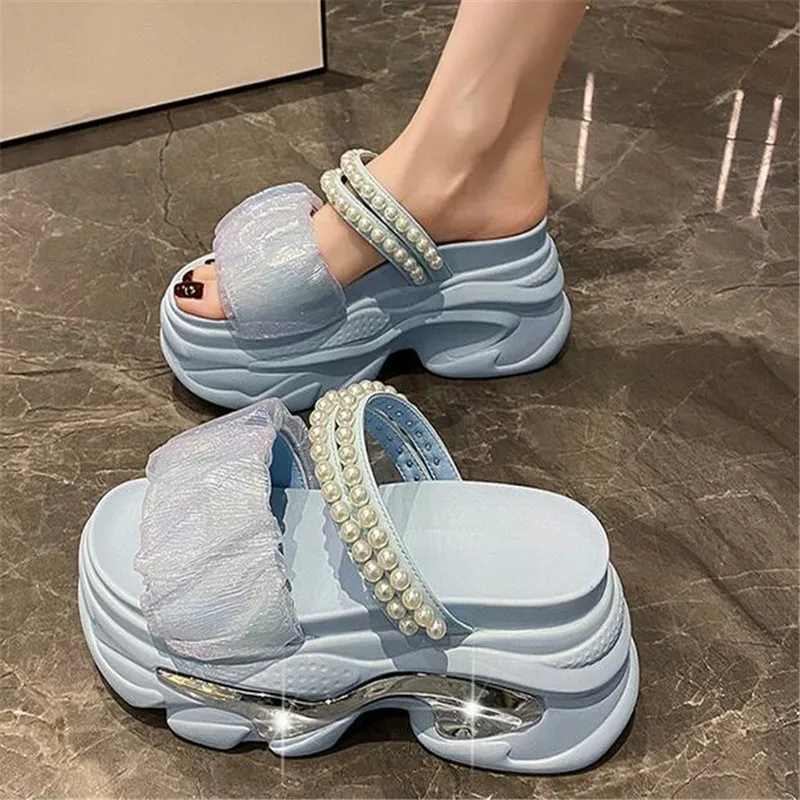 Women's Pearl Strap Chunky Sandals Summer 2023 Thick Bottom Wedge Slippers Woman Fashion Pink Lace Platform Sandals Mujer