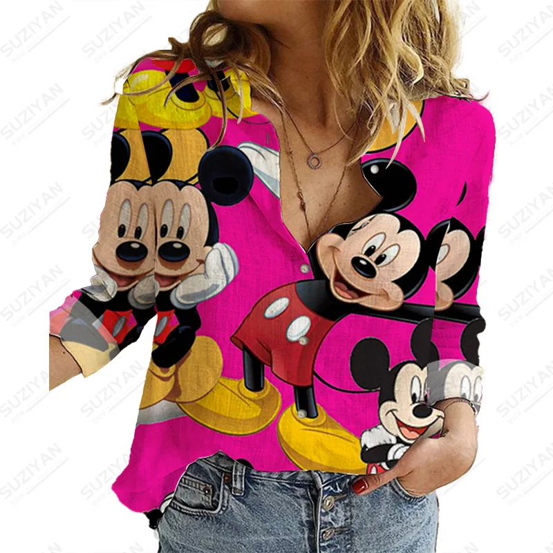 

Casual Streetwear Shirts Tops Autumn Elegant Print Shirts Long Sleeve Blouse Woman Disney Mickey Casual Work Wear Blouses