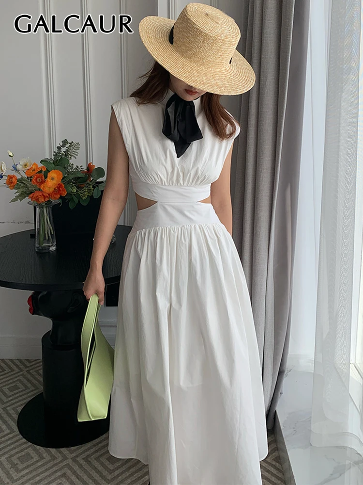 

GALCAUR Cut Out Dress For Women Stand Collar Sleeveless High Waist Solid Minimalist Midi Summer Dresses Female Clothing New 2022