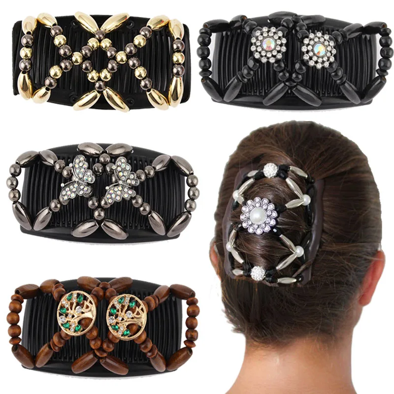 

Beads Hair Combs Shiny Rhinestone Beaded Hair Claws Magic Tuck Comb Updo Hair Accessories Elastic Headwear Bun Ponytail Holder