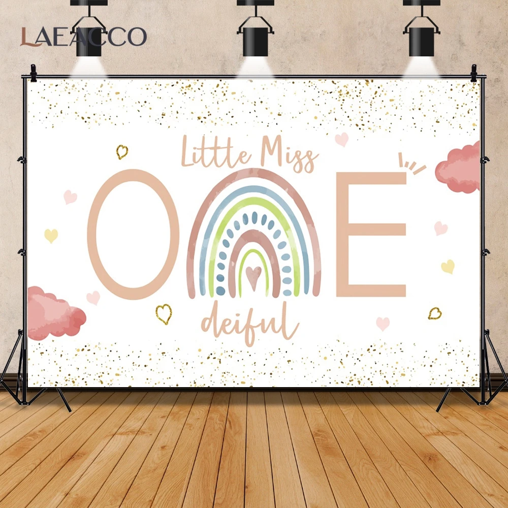

White Pink Clouds Gold Glitter Dots One Little Miss Devil Baby Birthday Background Banner Photography Photocall Backdrop Decor