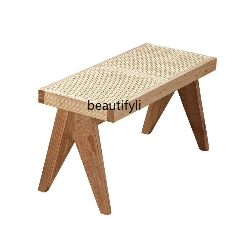 

yj Solid Wood Rattan Home Shoe Changing Stool Dining Table Bench Modern Nordic Homestay Rattan Chair Simple Bed End Stool