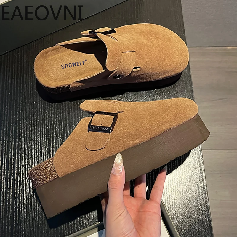 

Women's Suede Mules Slippers Platform Flats Boston Clogs Sandals Fashion Outdoor Slip On Beach Sandalias