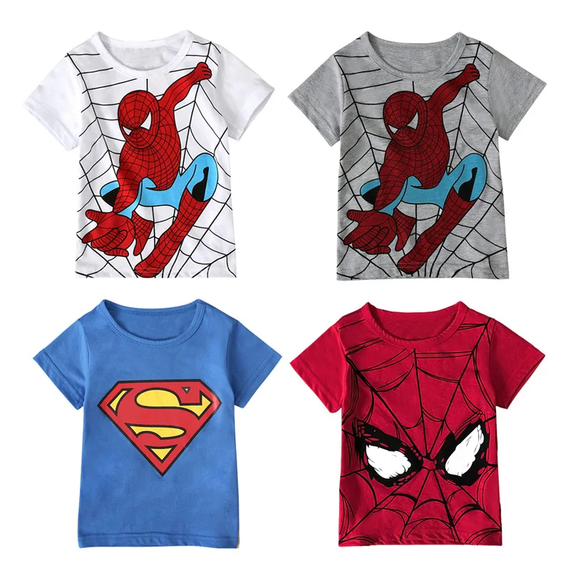 

Boys European and American Summer Round Neck Short Sleeve Spiderman Cartoon Pattern T-Shirt Top kid clothes Casual Cotton