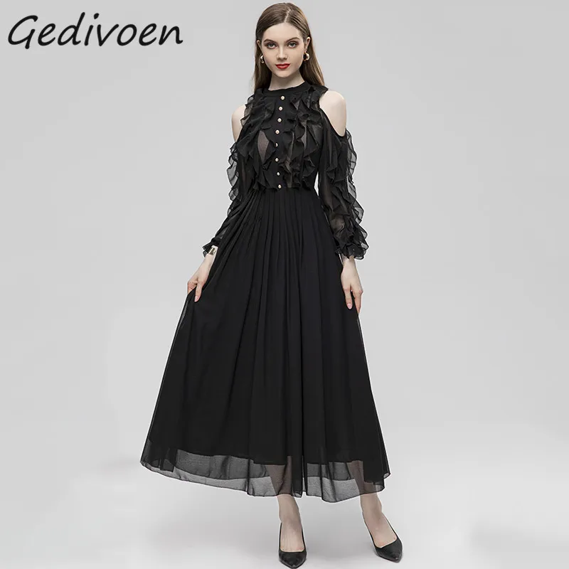 Gedivoen Summer Fashion Designer Perspective Chiffon Dress Women's O-Neck Ruffles Off Shoulder Button Black Vintage Long Dress