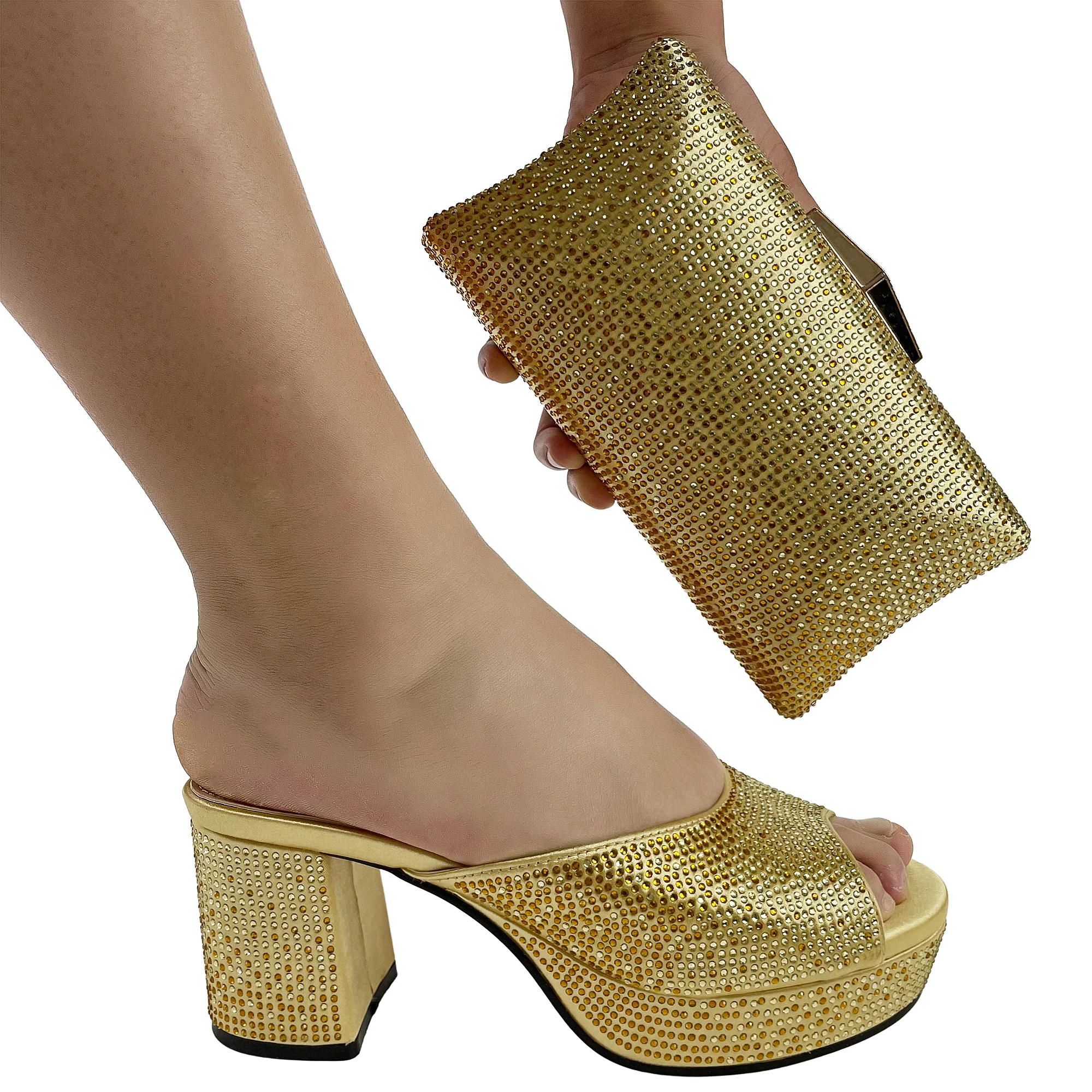 Green Elegant Sandals Shoe and Bag to Match Party High Heels Platform Mules Glitter Chunky Shoe with Matching Purse Set Woman