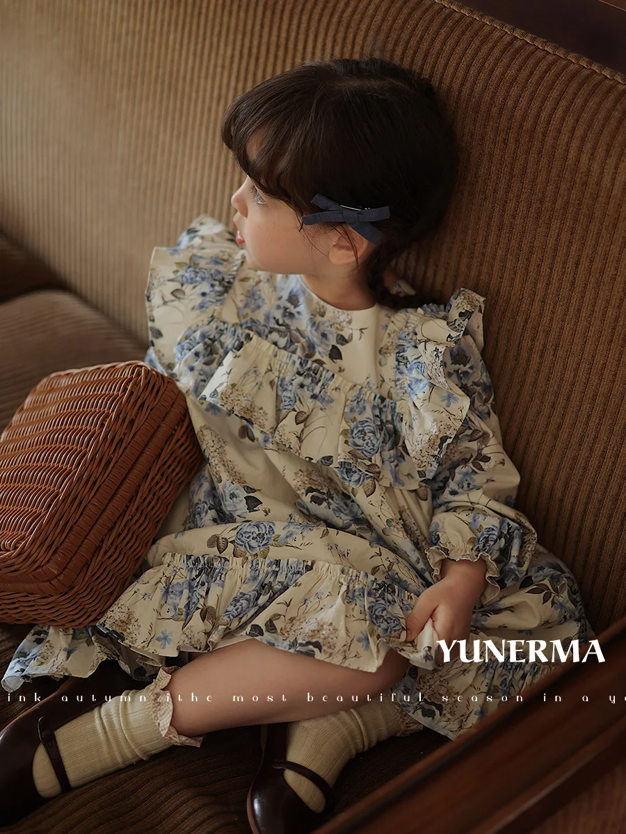 

2023 Spring/Autumn New Dress 2-7 Year Old Women's Fringe Vintage Style Long Sleeve Dress Children's Princess Dress