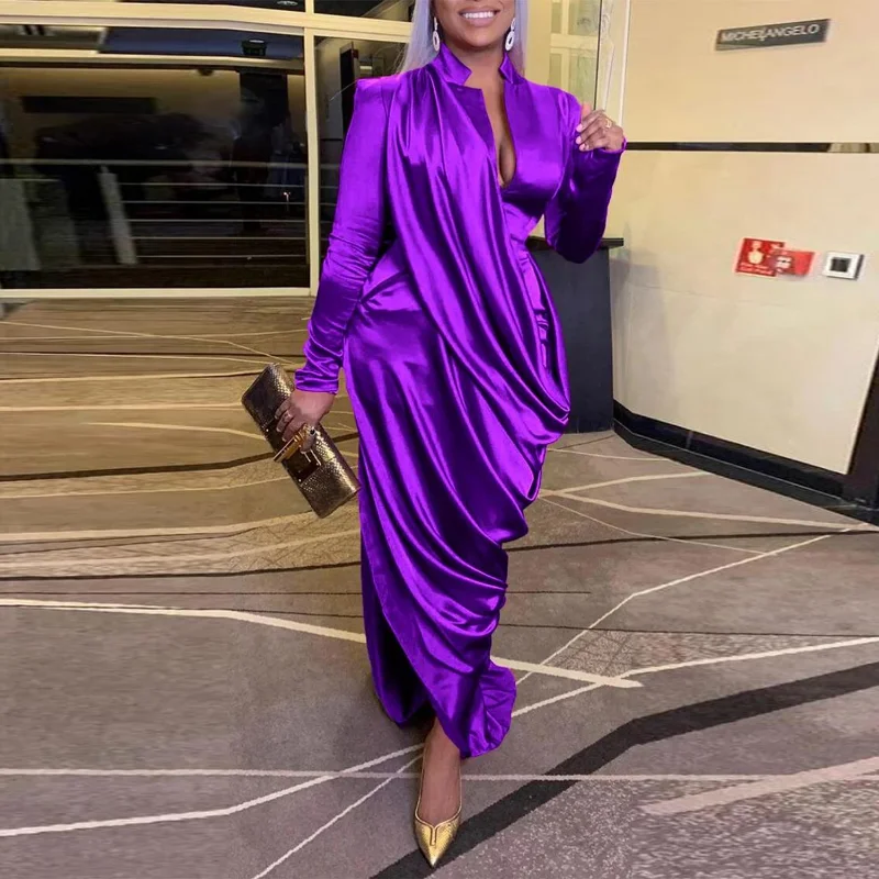 

WUHE Ruched Solid Satin Maxi Party Dress Women Evening Nightclub Long Sleeve Bodycon Long Dress Elegant Celebrity Formal Robe