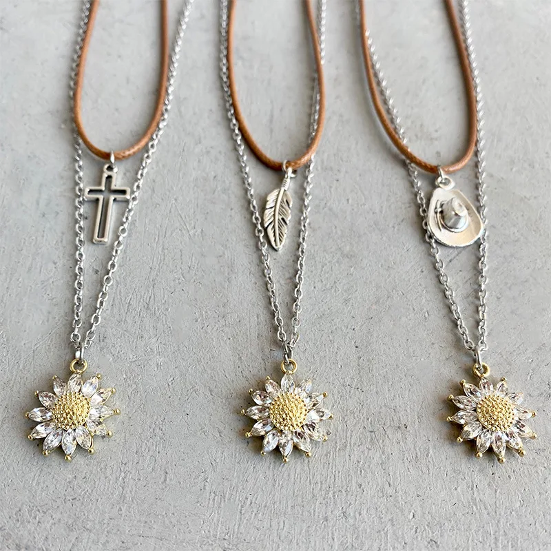 

European and American Style Jewelry Western Cowboy Sun Flower Necklace Ethnic Style Personality Necklace Cross Feather Necklace