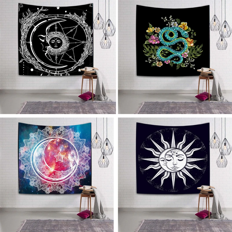 

Sun Sailor Moon Tapestry Wall Hanging Black Astrology Witchcraft Mandala Art Snake Flower Celestial Wall Tapestry Room Decor