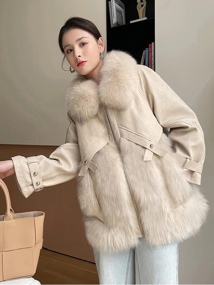 Women Real Fur Coat Autumn Winter Fashion Loose Thick Warm Fox Fur Splicing Sheepskin Double-faced Fur Jacket Female Outerwear enlarge
