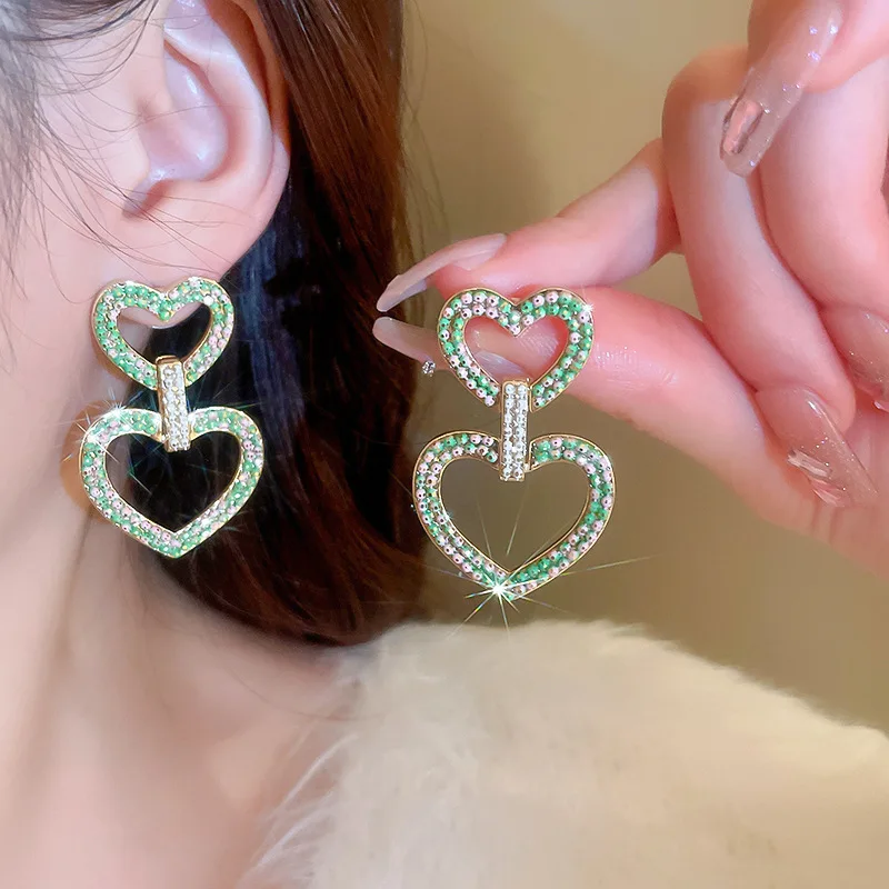 

Minar Trendy Hollow Out Double Love Heart Long Drop Earrings for Women Neon Green Gold Metallic Beads Pendant Earring Brincos