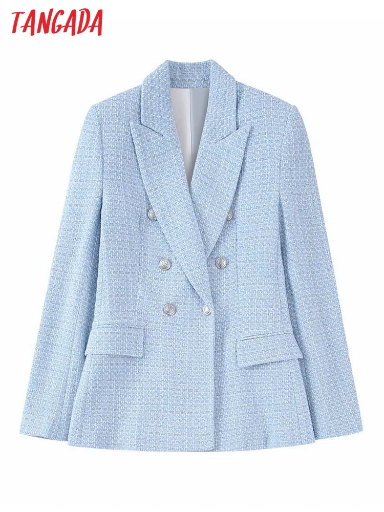 

Tangada Women 2022 Blue Tweed Double Breasted Blazer Coat Vintage Long Sleeve Flap Pockets Female Suit BE831