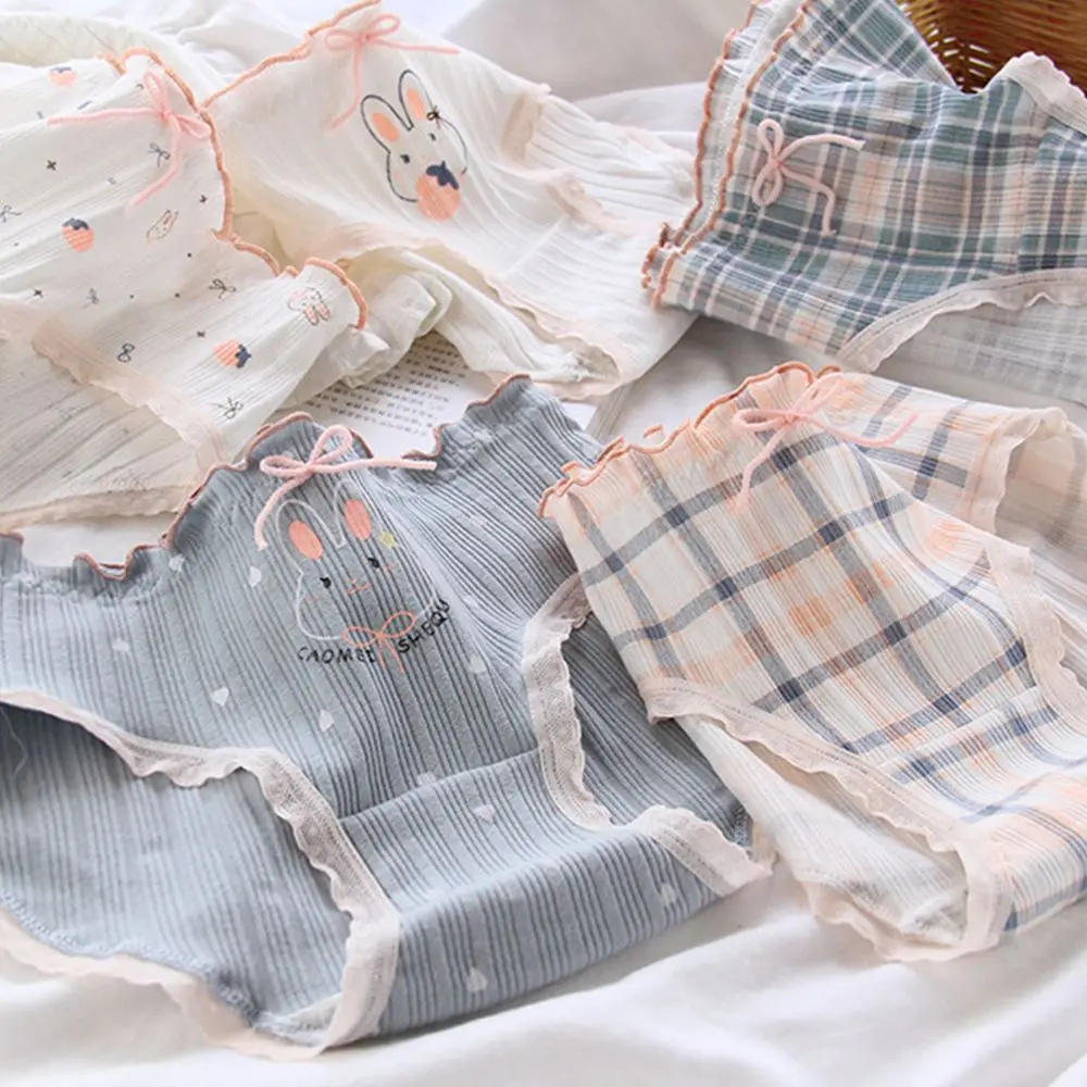 

Kawaii Checkered Pattern Lolita Underwear Fungus Seamless Panties For Women Cute Rabbit Cotton Brief Clothing For Girl