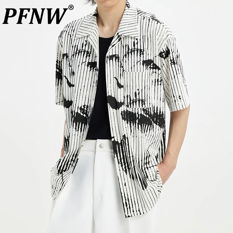

PFNW Summer New Men's Vintage Darkwear Short Sleeve Shirt Harajuku Japan Style Handsome Trend Loose Print Y2k Niche Tops 28A3315