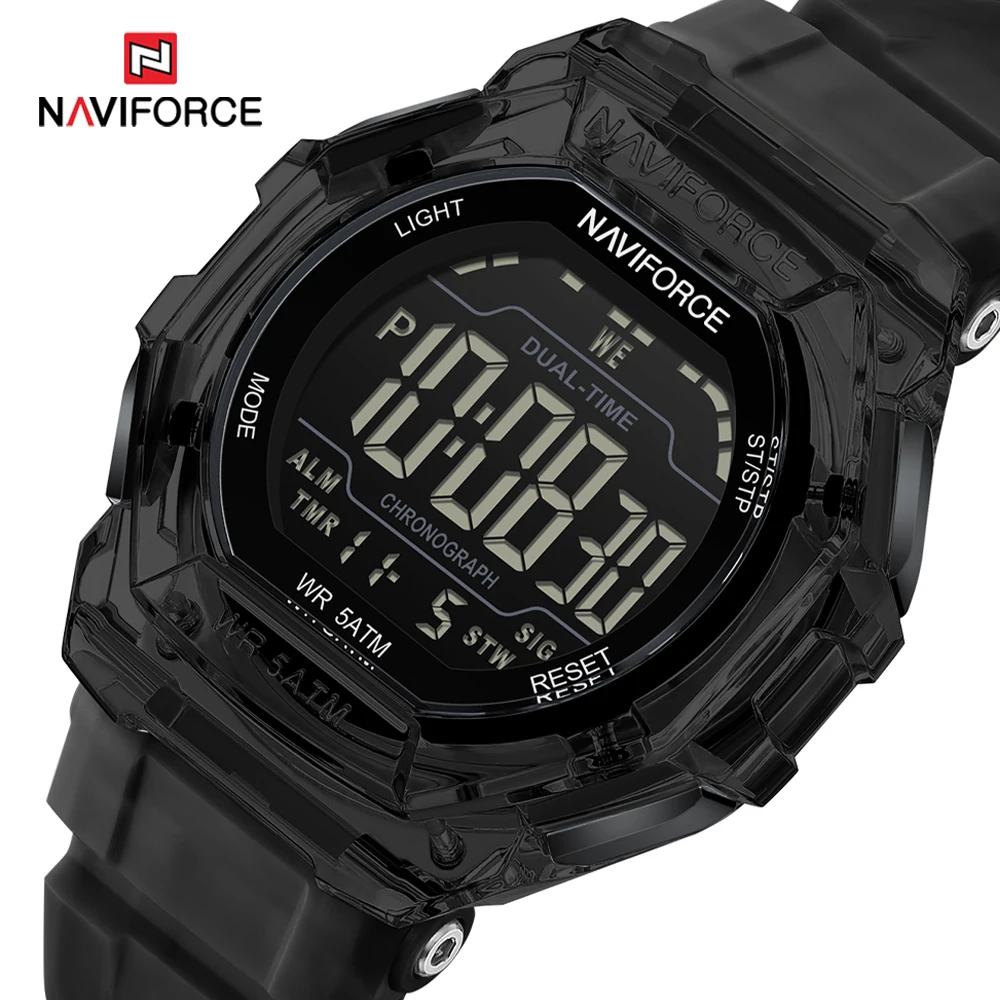 Фото Многофункциональные мужские цифровые часы NAVIFORCE с LED-дисплеем, отображением даты и дня недели, будильником, водонепроницаемые, для активного отдыха, с силиконовым ремешком, электронные часы. №1