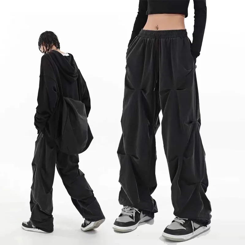 Design Black Ruffles Cargo Pants Adult Loose Wide Leg Pants Hip Hop Trousers Drawstring Straight Pants Pantalones Sweatpants