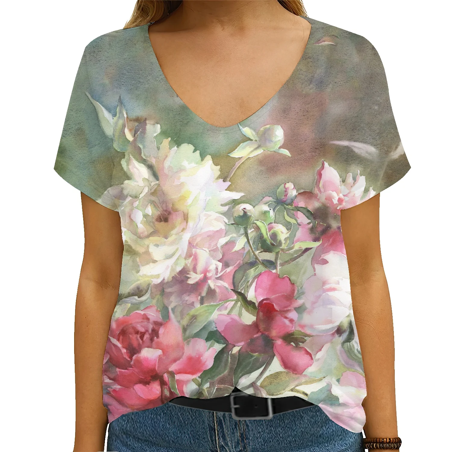 

Women Short Sleeve Tie Dye 2022 Floral Print Casual Short Sleeve V Neck Low Neck Vintage T Shirt Women Streetwear